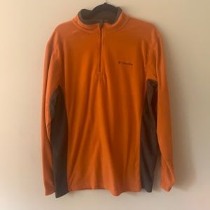 L Columbia men’s orange fleece with gray embellishments. This was never worn.